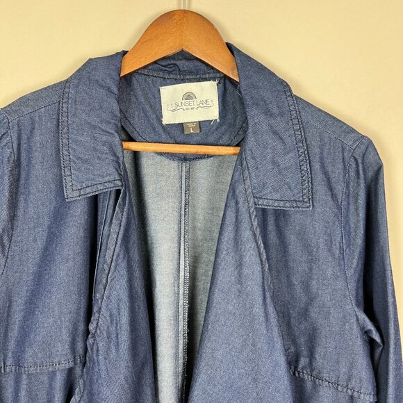 1 Sunset Lane Jacket Womens Large Blue Chambray Duster Draped Open Front Cinched - Picture 7 of 16